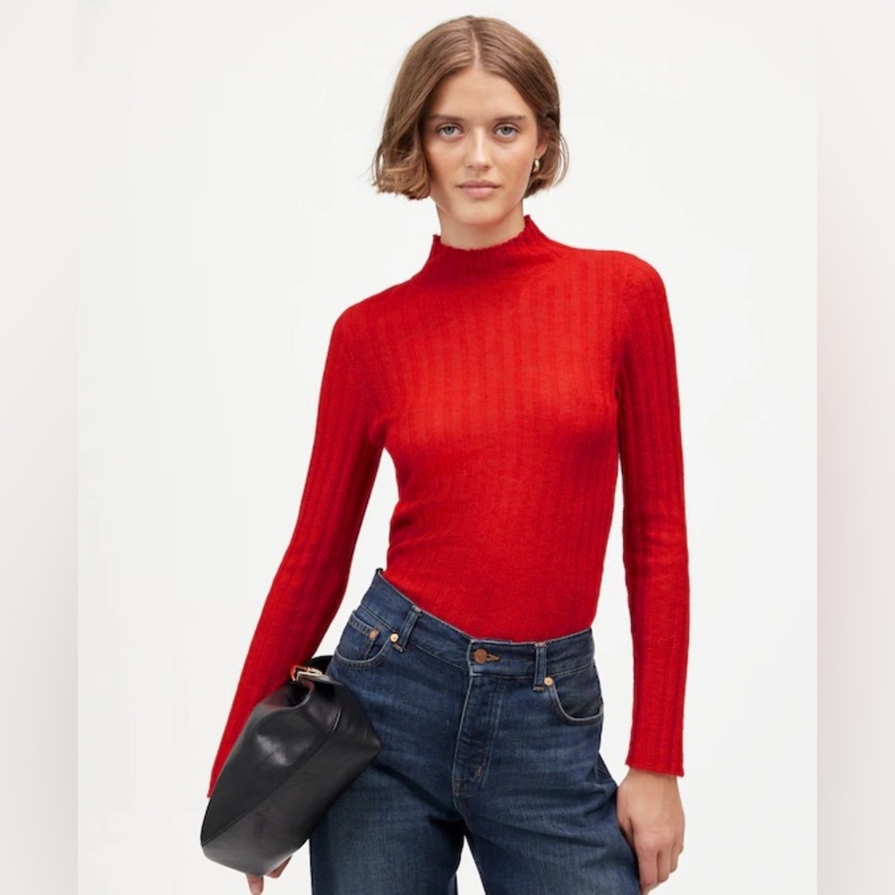NWT MADEWELL Alpaca-Blend Mockneck Sweater In Bright Cherry /Red Medium